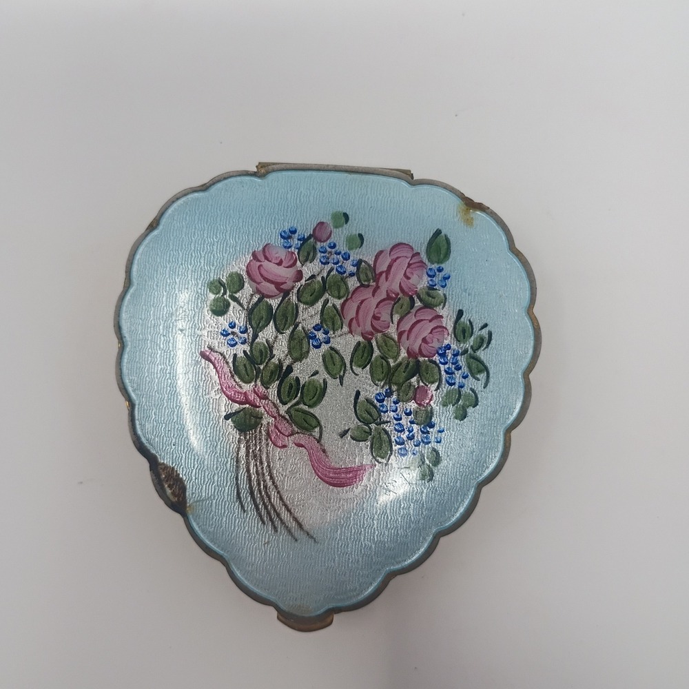 Vintage La Mode Heart Shaped Enamel Floral Powder Compact JHS 48 Brass Mirror